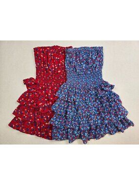Patrons Of Peace Strapless Floral Ruffle Dresses XS Red Blue Smocked Cottage Cor